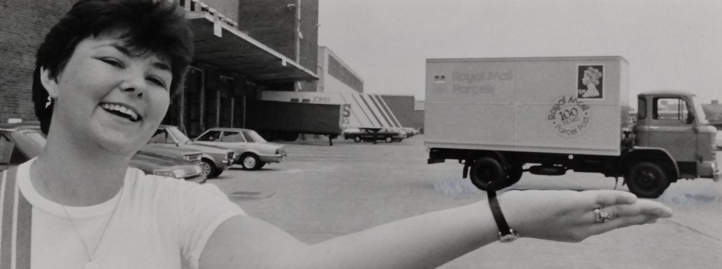 Photographers and their tricks... the Royal Mail’s ‘parcel-on-wheels’ visited the Kay’s warehouse in Bromyard Road in August 1983 to mark a century of parcel post. Jane Sampson is the Kay’s employee with an incredibly strong