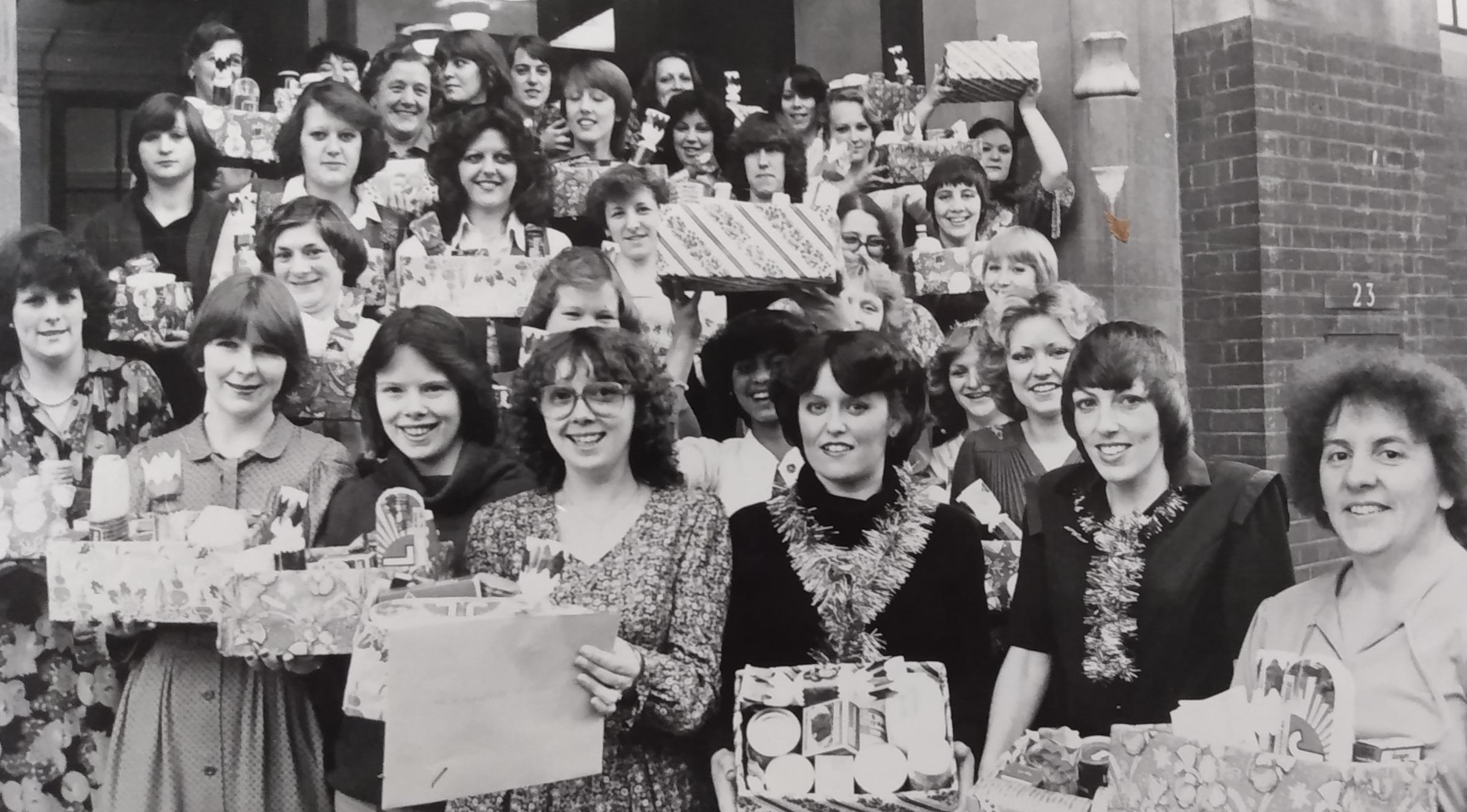 The computer input department with the festive packages they had put together in 1979 for the residents at St Oswald’s Hospital