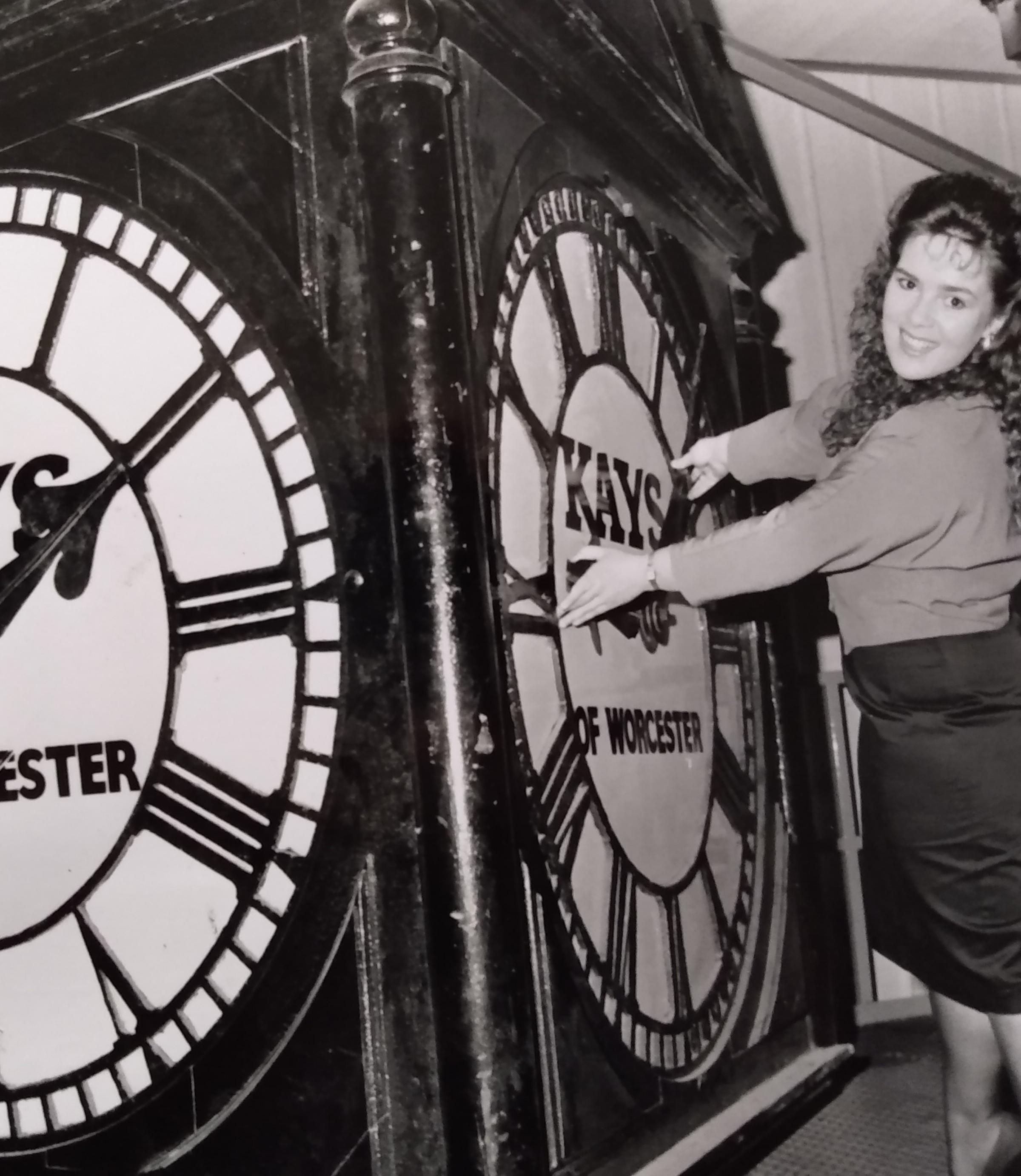 Tracey Handley is pictured in 1989 with the Kays clock