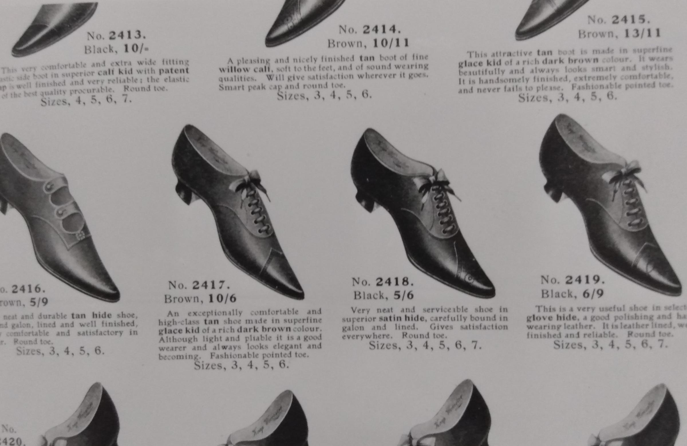 You can have any colour you want as long as it’s black or brown. Ladies shoes from the 13th edition of the catalogue