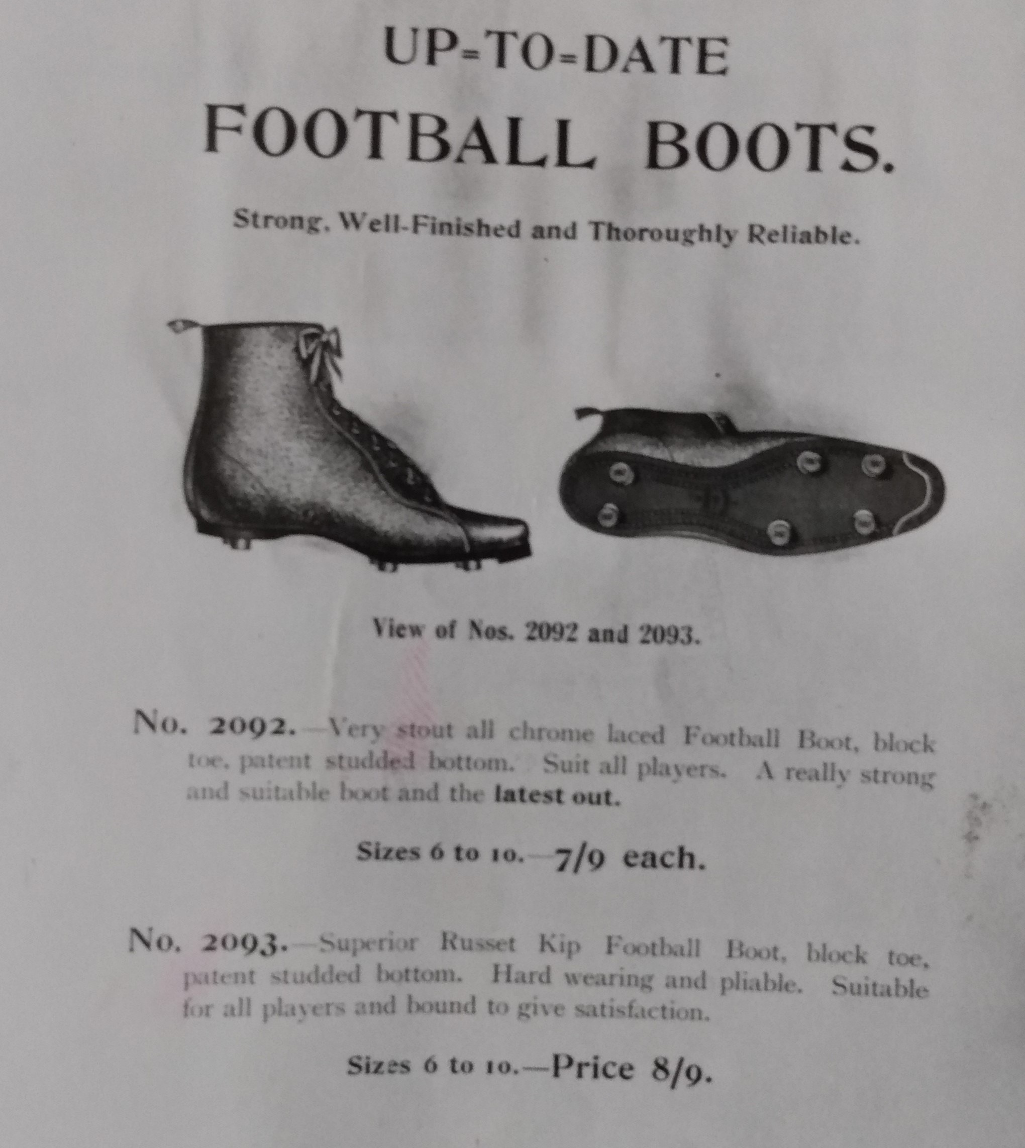 The very latest football boots, complete with “mock toe” form an early Kay’s catalogue. Love to see Ronaldo trying to dip a free-kick over the wall while wearing these...