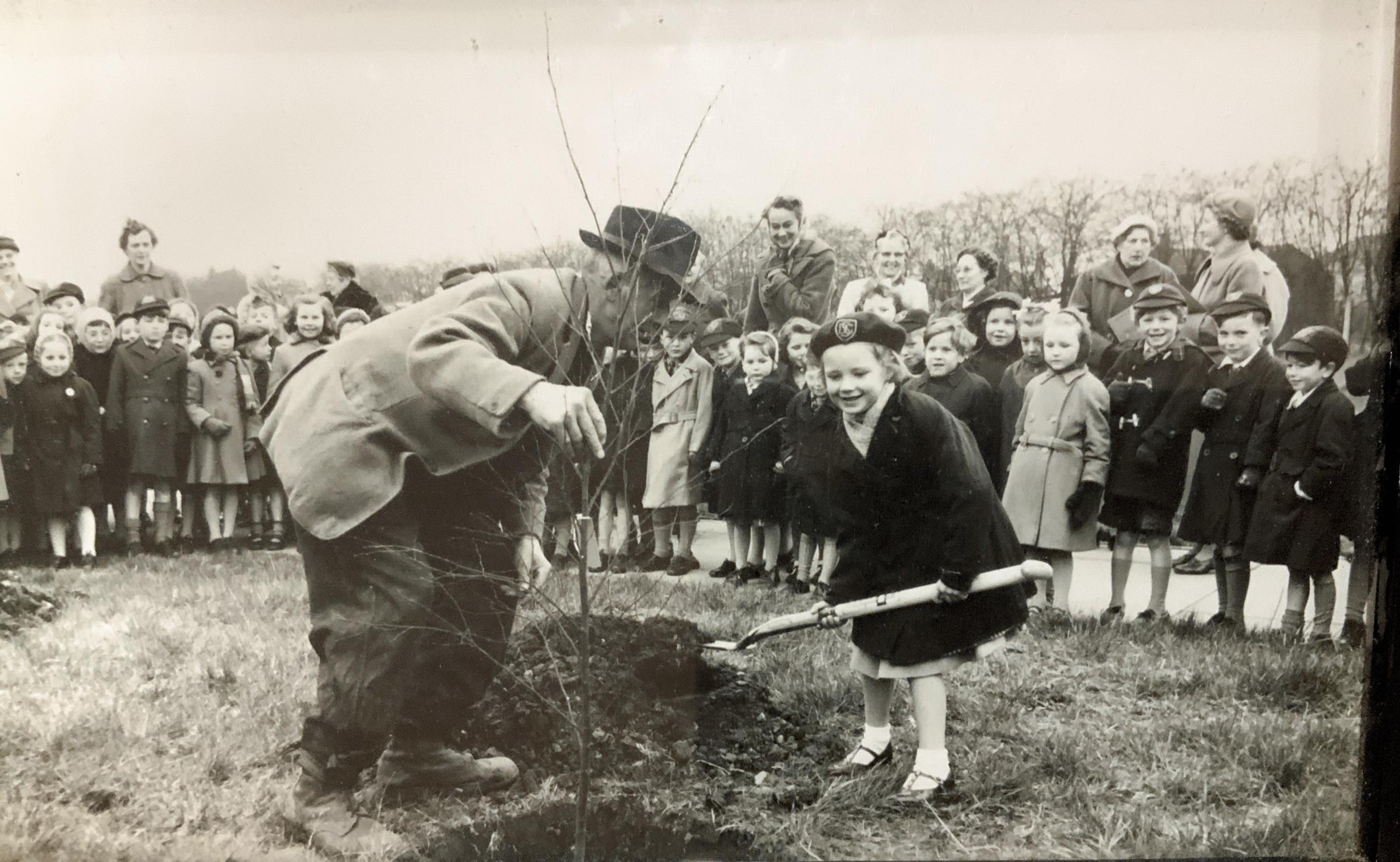 The fifth anniversary of Dines Green Primary School: this lovely photograph was shared by Gail Boyle, who is the little girl planting the tree in commemoration of the school’s fifth year, alongside the school caretaker Mr Taylor