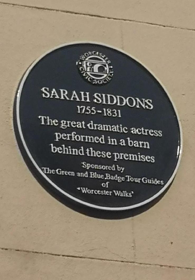 The Blue Plaque to Sarah Siddons in Worcester High Street, near the site of the old King’s Head Theatre