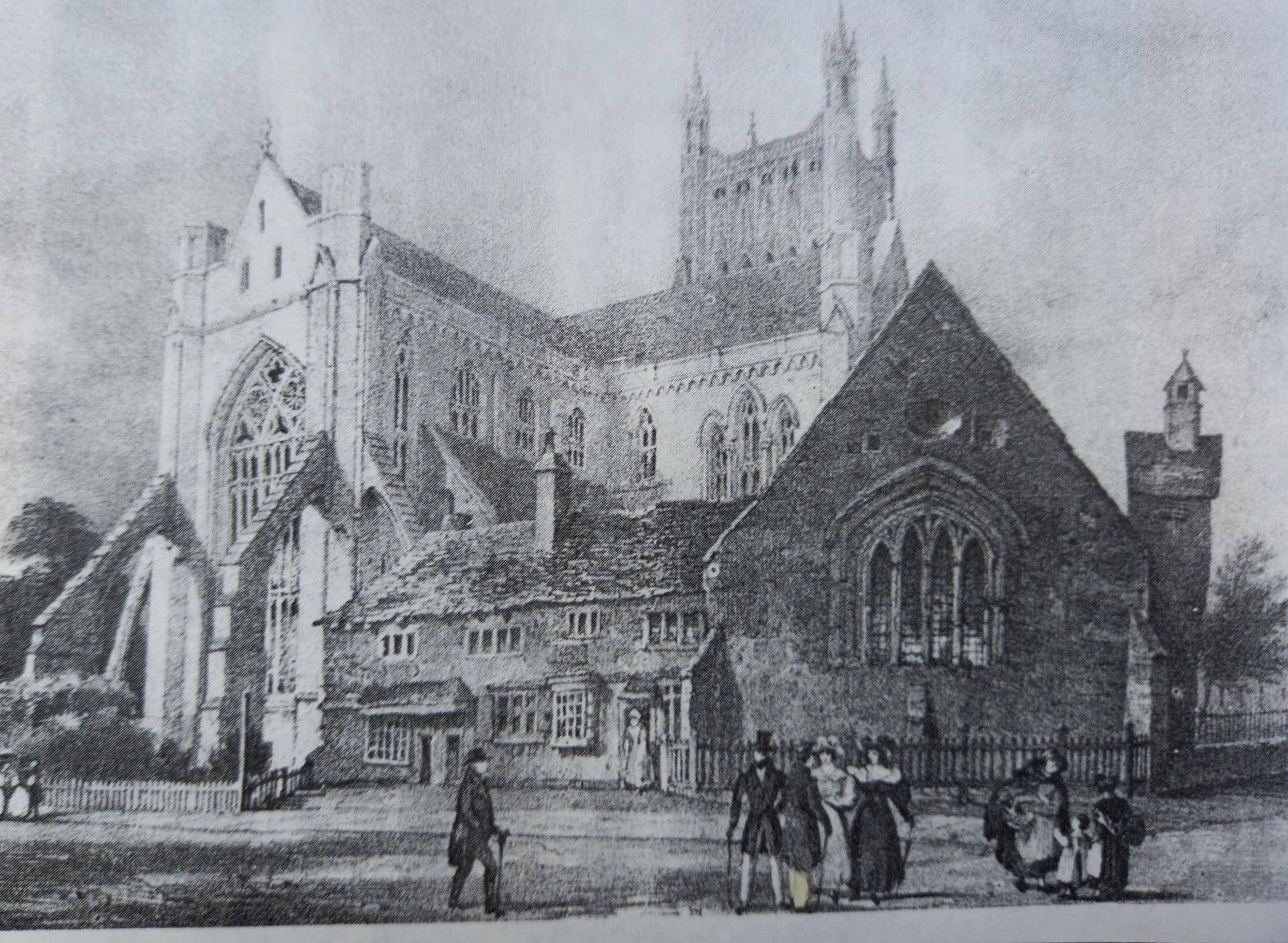 An engraving of the original St Michael in Bedwardine church next to Worcester Cathedral 