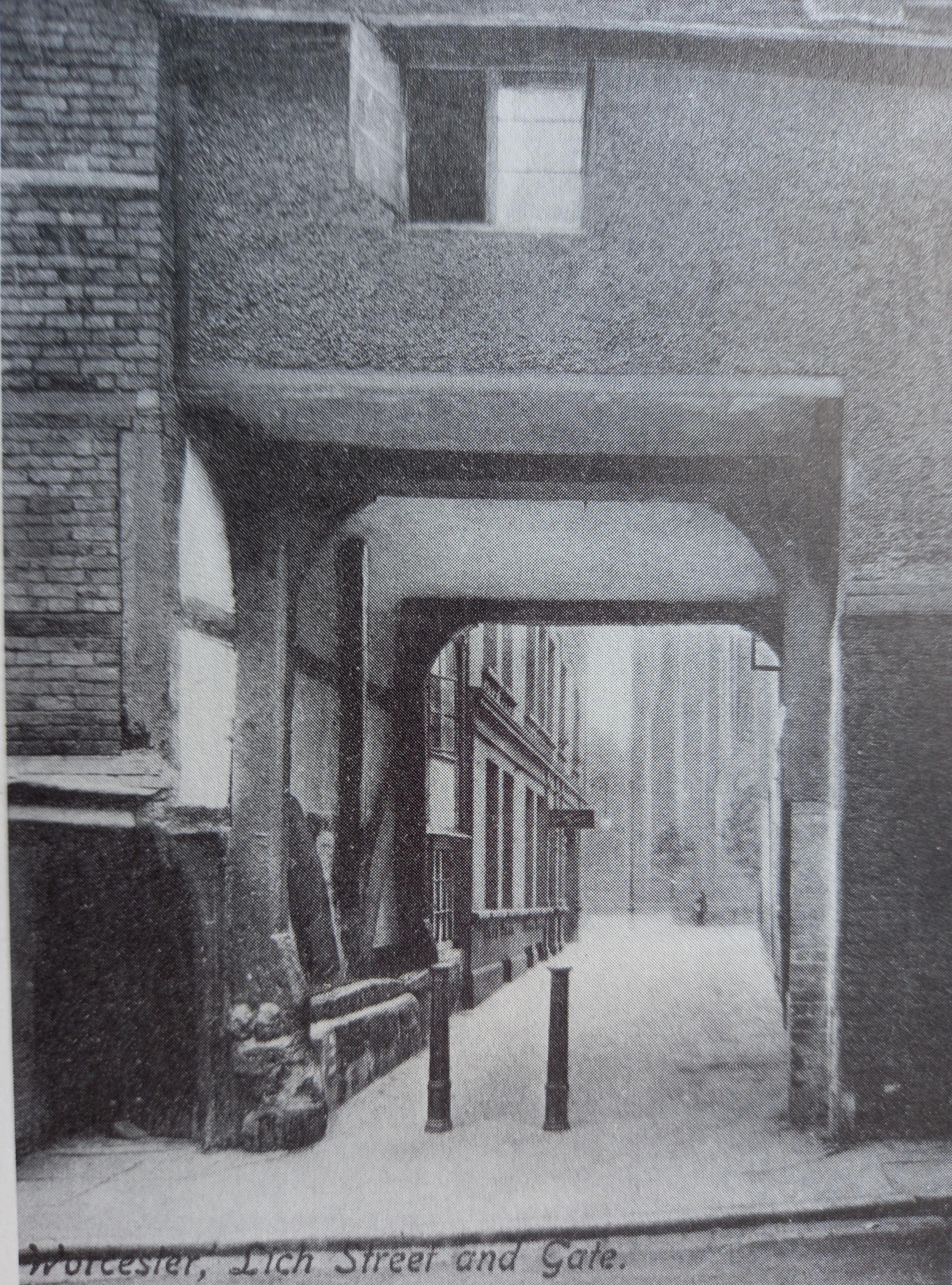 A view of the Lychgate from Lich Street, looking through it towards the cathedral. This had been the entrance to a large cemetery