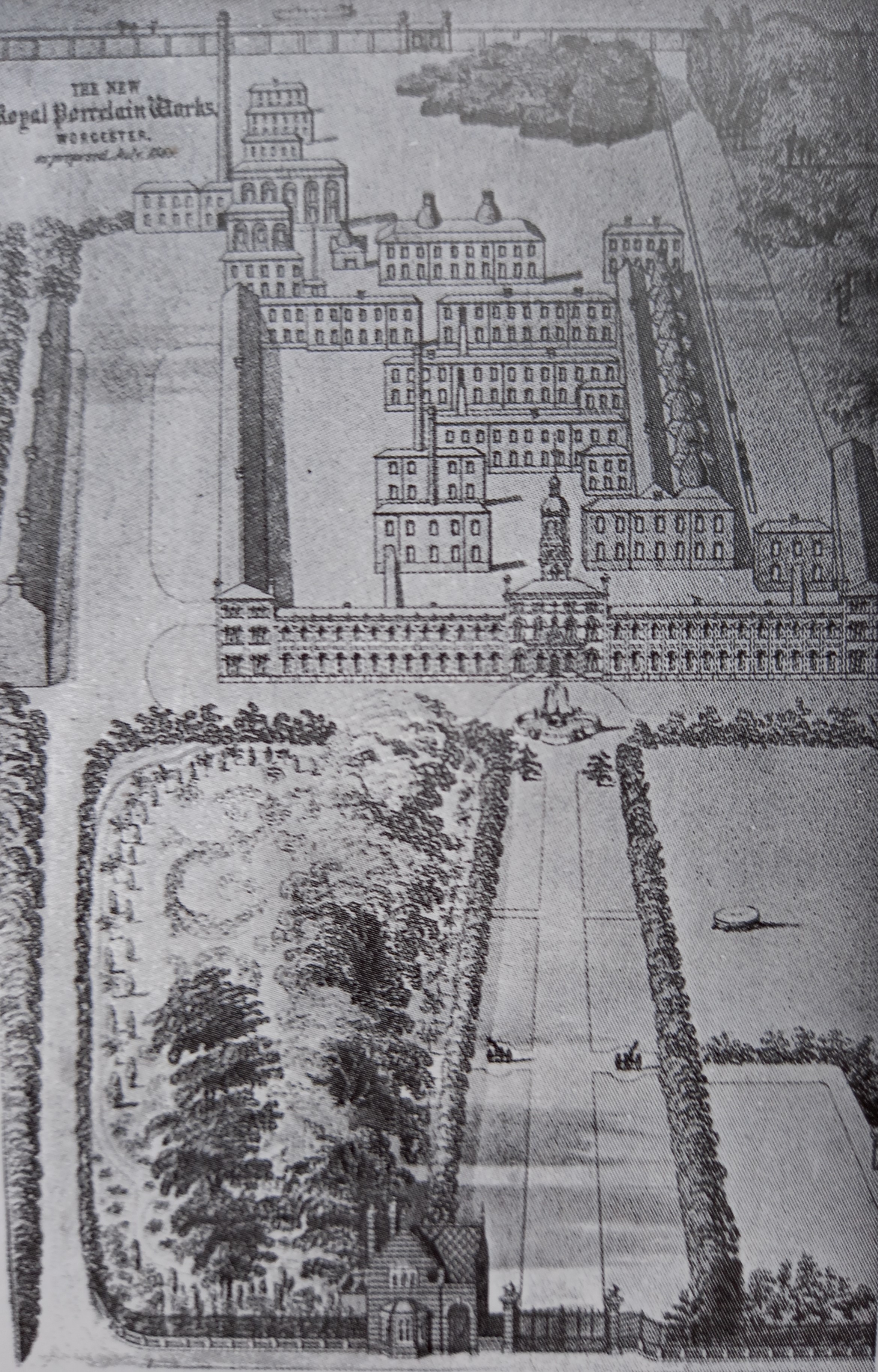 Part of the Arboretum with lodge, fountains and cannons and the 1865 proposal for a new Royal Porcelain works, which never materialised