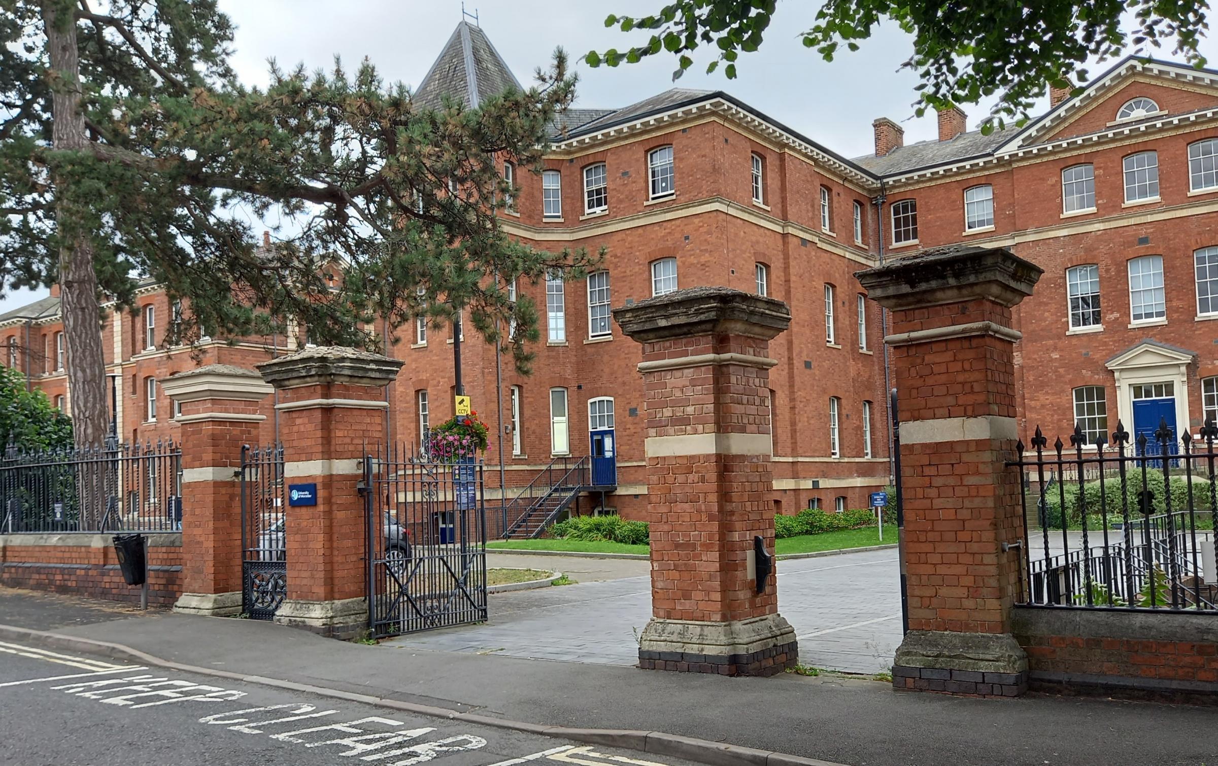 The Pleasure Grounds ornamental entrance gates, railings and wall, which became the entrance to Worcester Royal Infirmary, now part of the University of Worcester