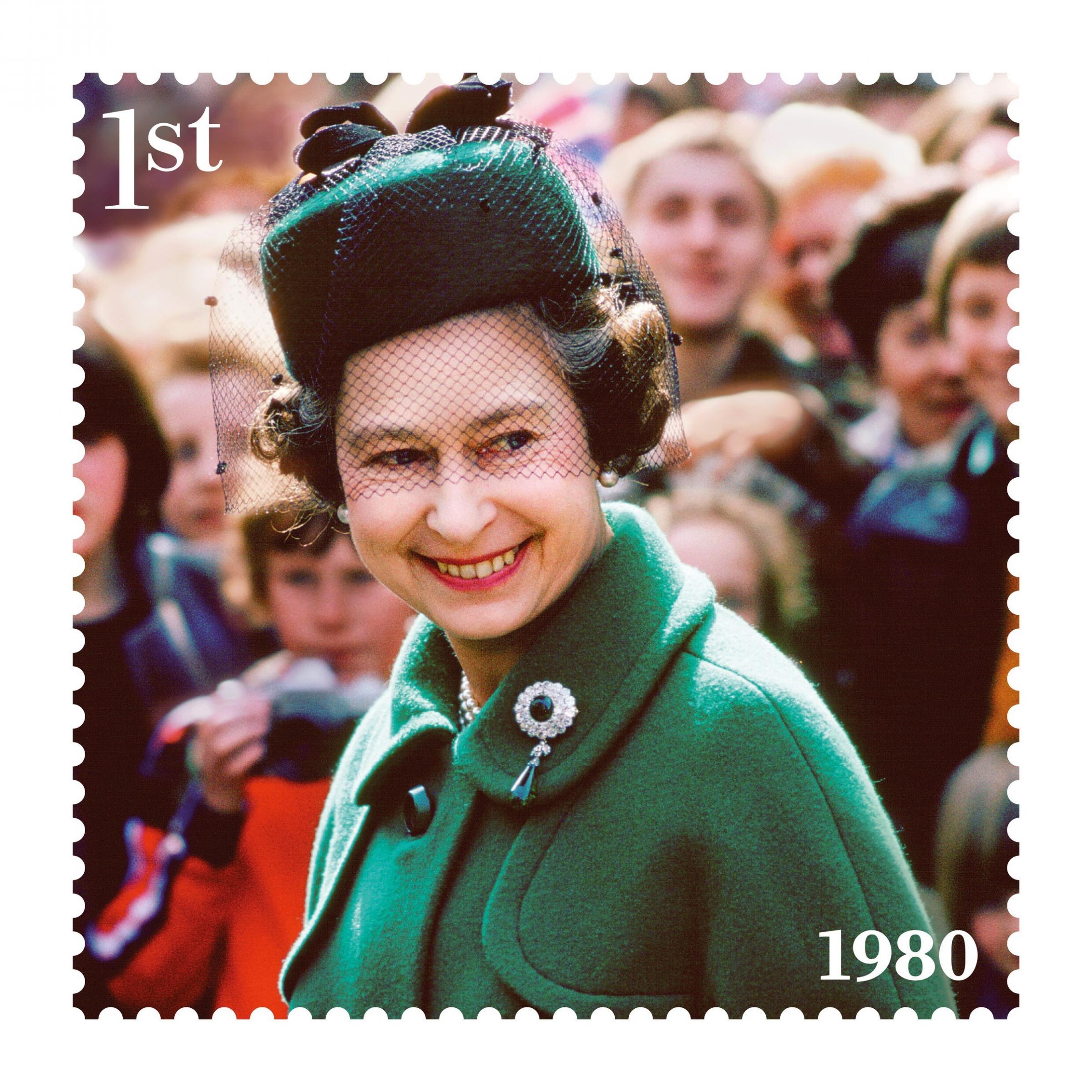 The new stamp, one of a set of eight, showing Queen Elizabeth II on a walkabout in Worcester in April 1980