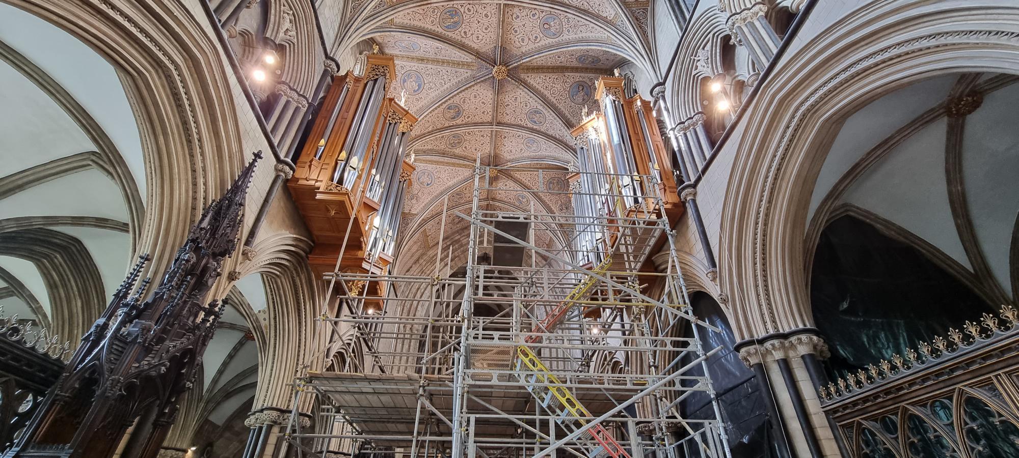 Scaffolding has been erected in the quire to gain access to the organ’s 3,000 pipes for cleaning